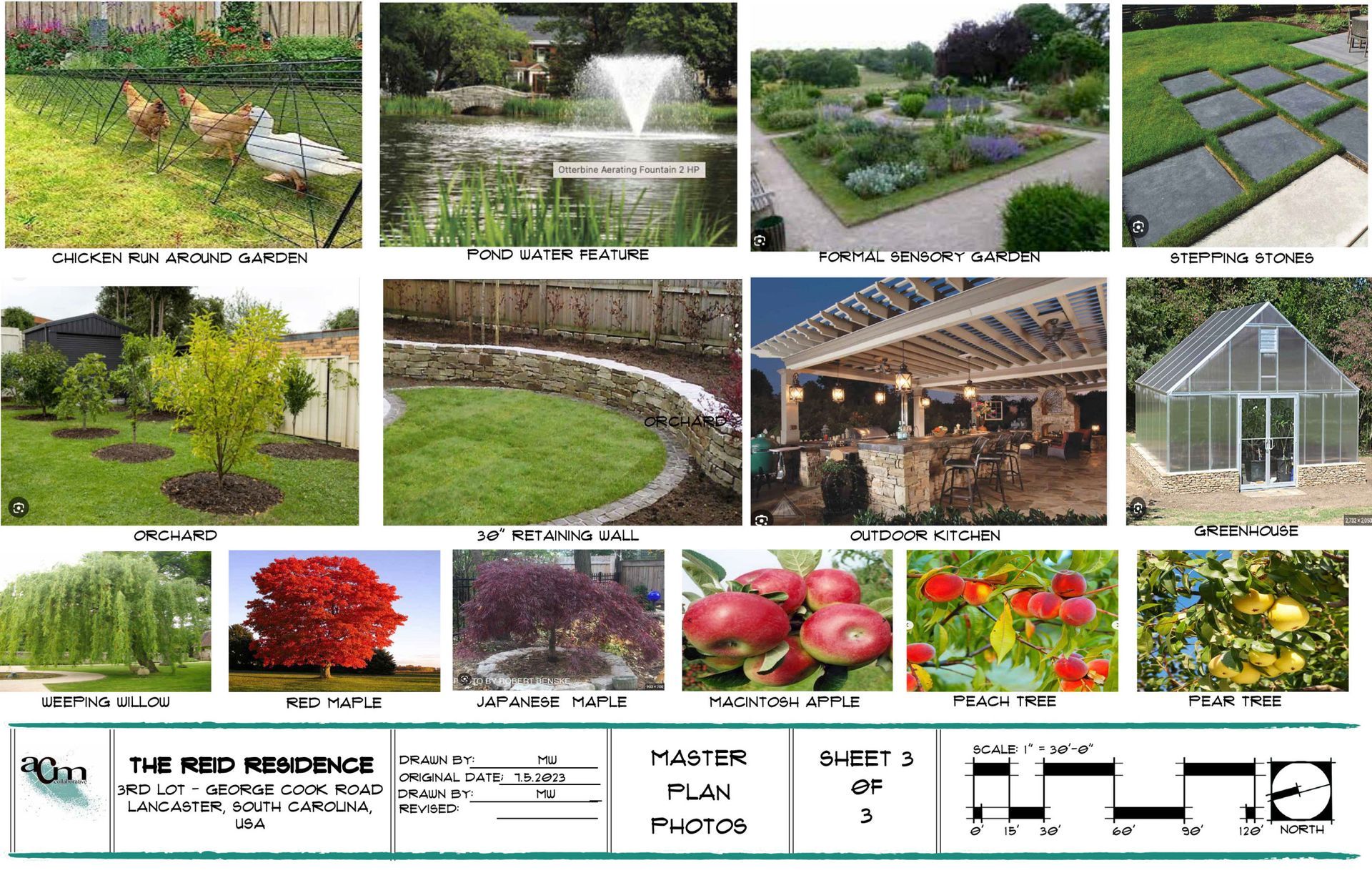 Collage of landscaping examples: gardens, pond fountain, stone paths, greenhouse, and outdoor pavilion plans