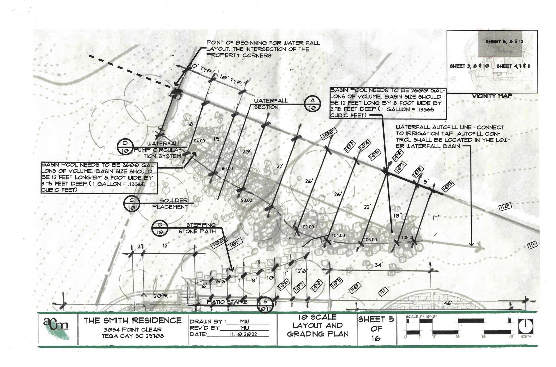 Black-and-white site plan map with property lines, labels, and a title block at the bottom.