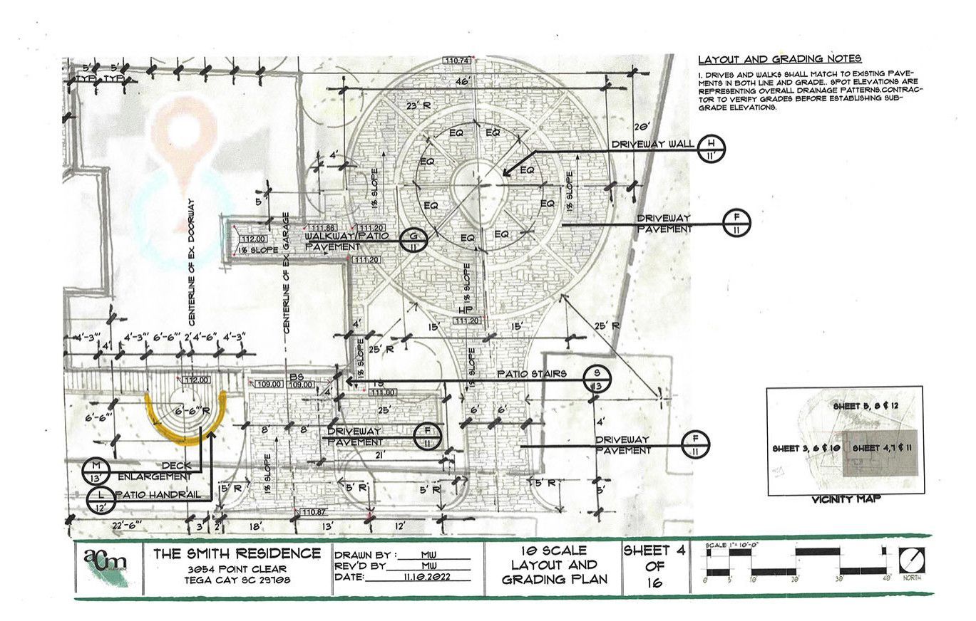 Blurry architectural blueprint with marked annotations, circles, and a title block along the bottom.