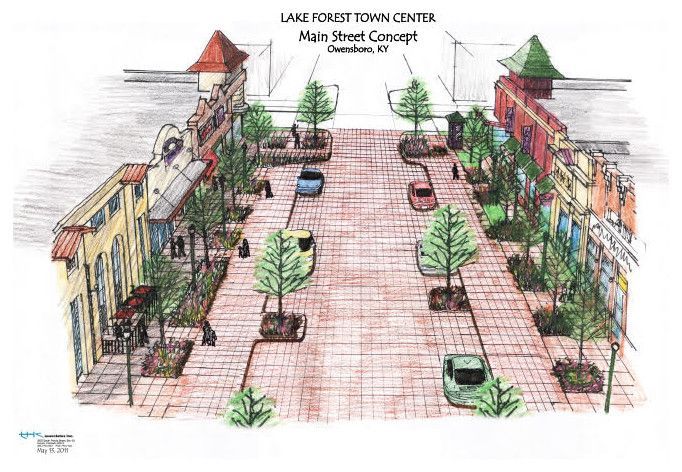 Illustrated streetscape concept for Lake Forest Town Center with trees, benches, and buildings.