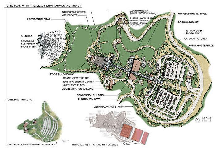 Annotated aerial site plan of a green campus with paths, buildings, and parking areas