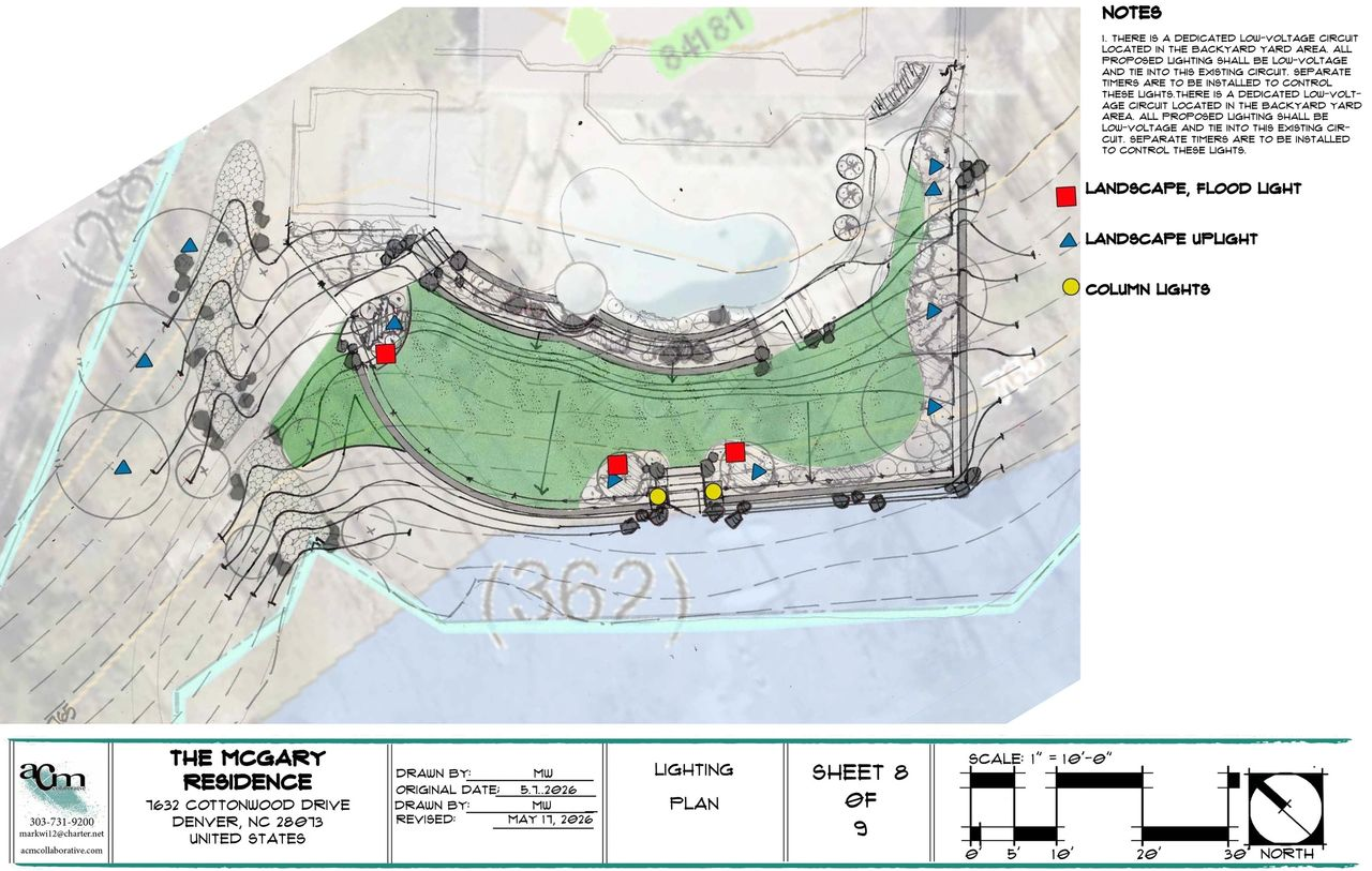 Topographic site plan with a green highlighted area, contour lines, and labeled markers.
