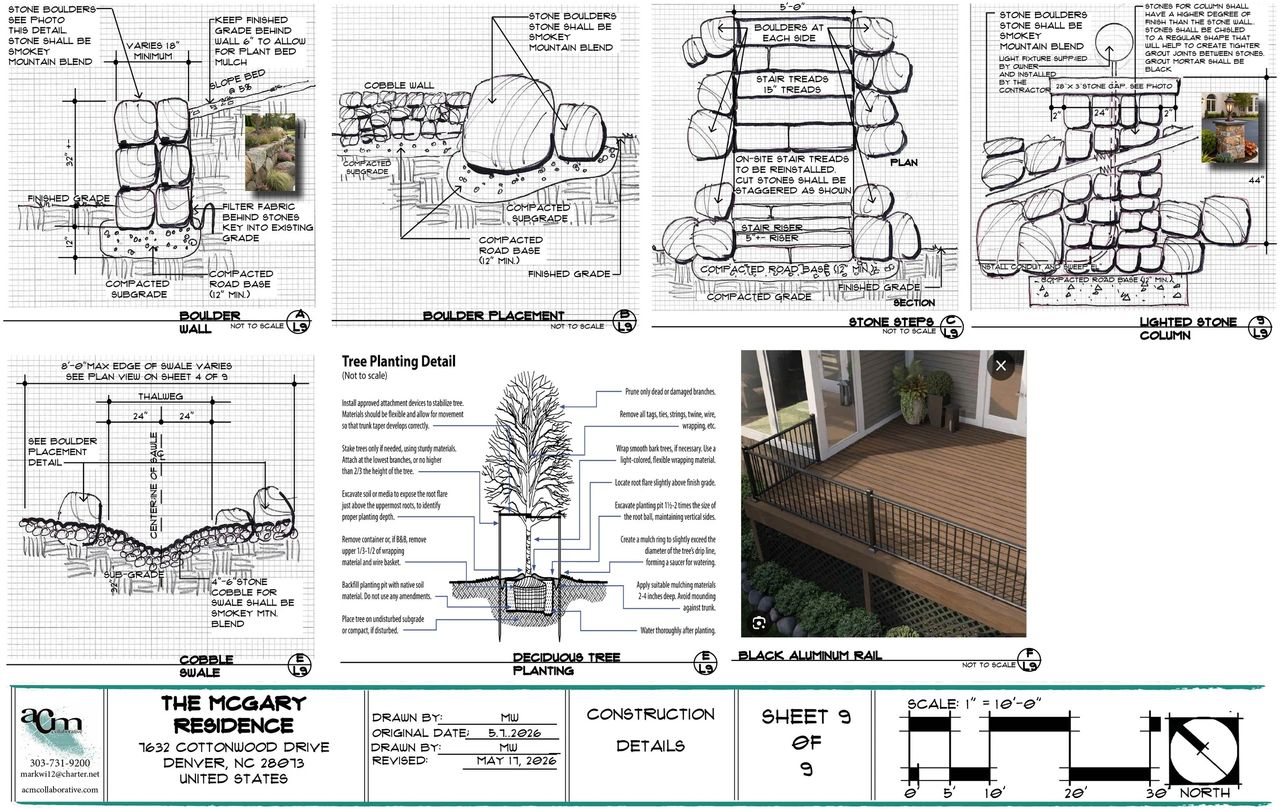Landscape design plan with hand sketches, planting notes, and a small deck photo, laid out on one page