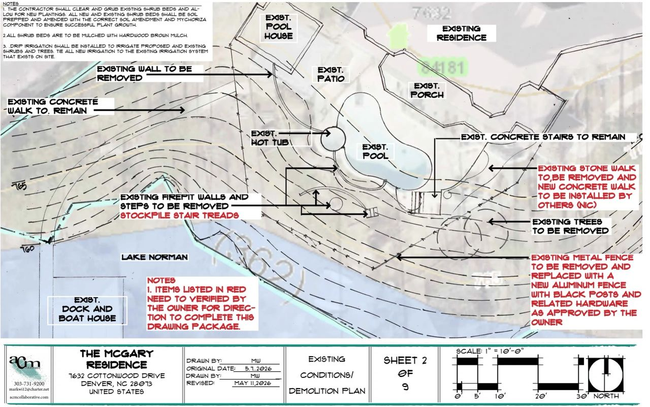 Construction site plan map with contour lines, labels, and red notes for a road or drainage project