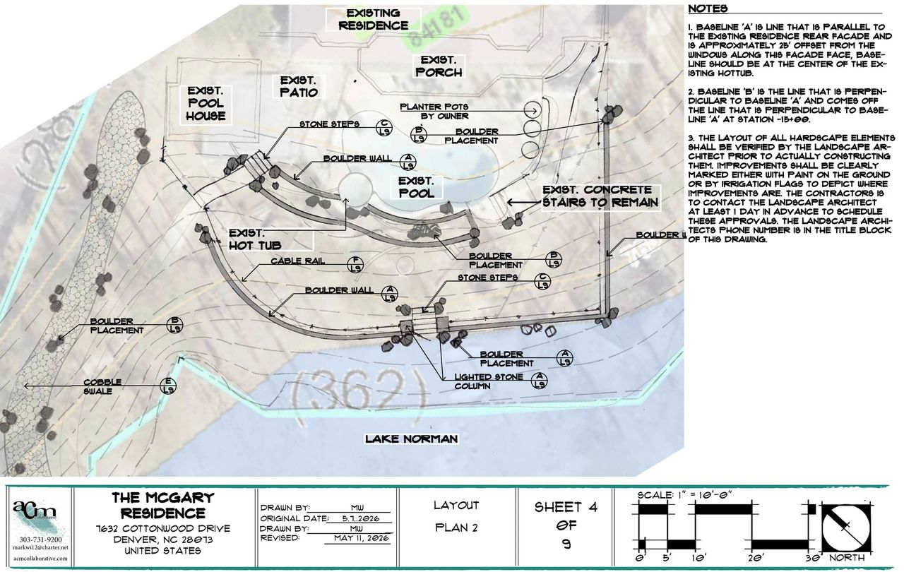 Black-and-white site plan map with labels, paths, contours, and notes for a proposed development area