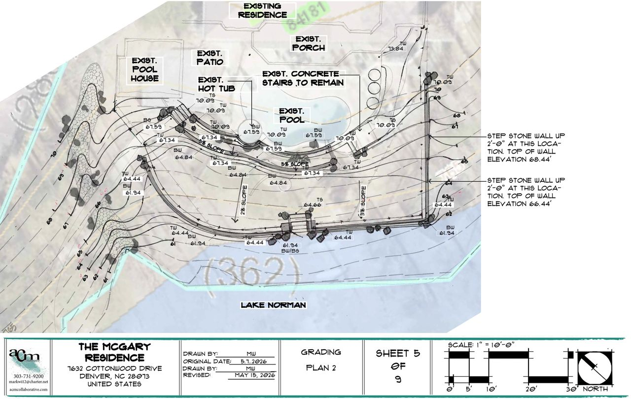 Site plan map with contour lines, lot outlines, and labeled notes in black and blue on a white background