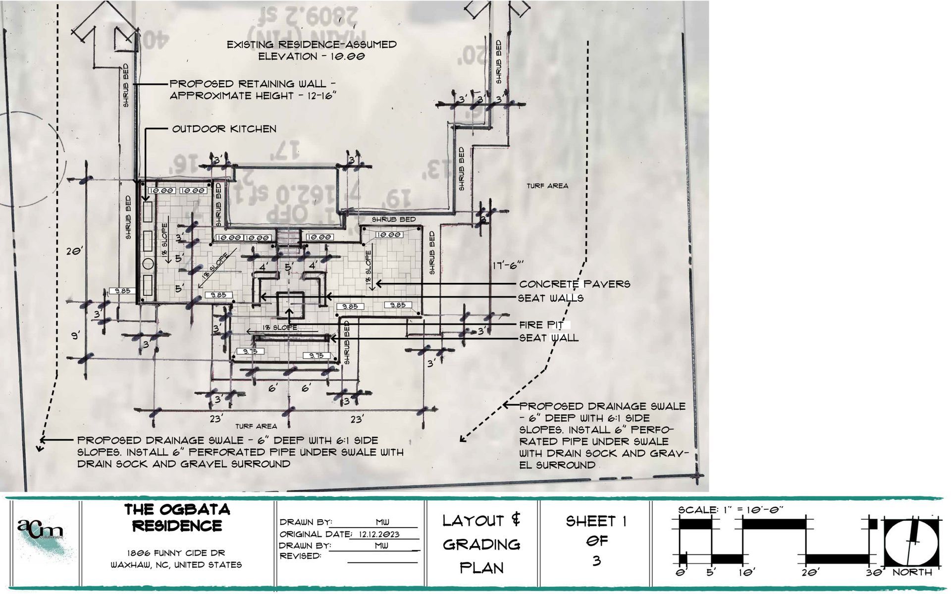 Hand-drawn architectural floor plan with dimensions, notes, and title block at the bottom