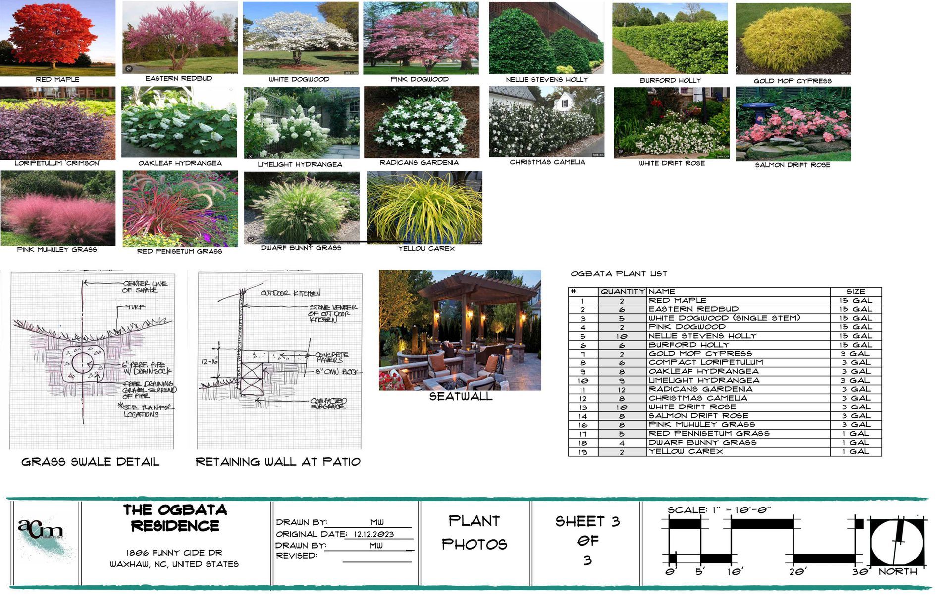 Landscape planting plan with flower and tree photos, layout diagrams, and notes on a title block