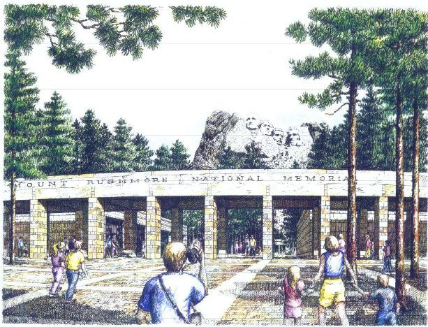 Illustration of a memorial entrance with trees and people walking toward the gate