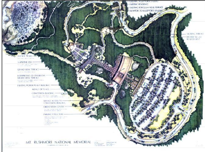 Aerial map of a coastal resort or settlement with roads, buildings, forest, and a large circular waterfront area