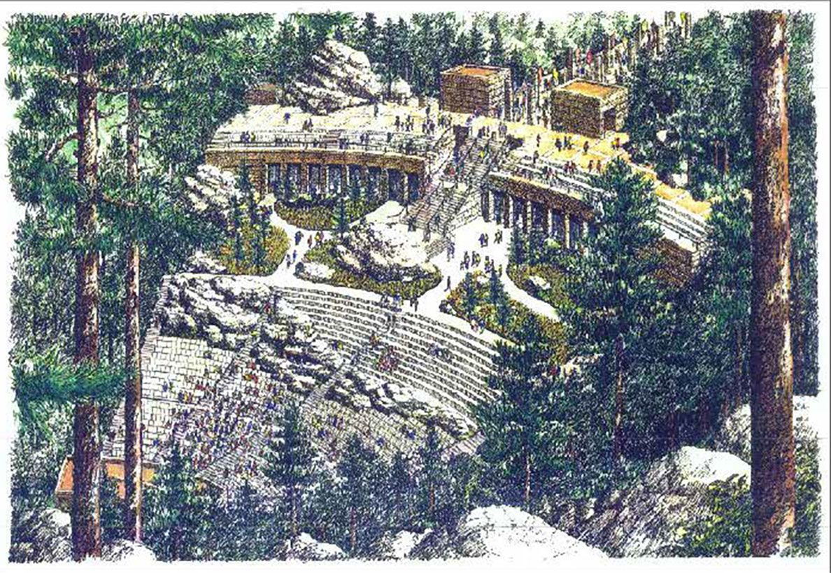 Colorful illustration of a cliffside hotel terrace with trees, stone walls, and steps leading down to a pool