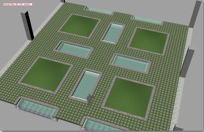 3D model of a landscaped courtyard with green lawn sections, light blue water features, and paved paths