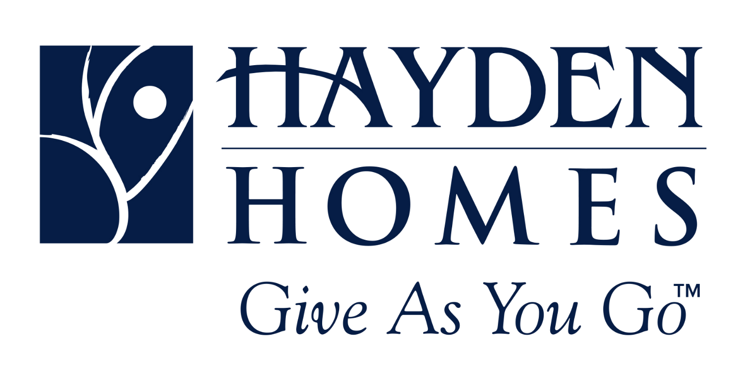 Hayden Homes logo with blue house icon and slogan “Give As You Go”