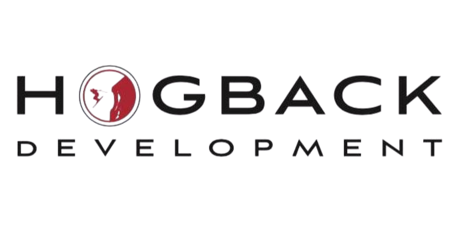 Hogback Development logo with black text and a red circular mountain emblem