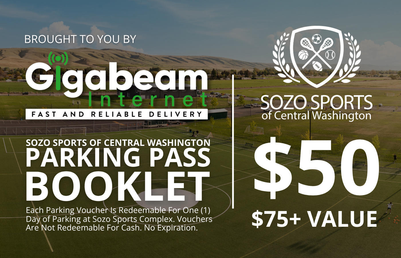 Sozo Sports parking pass booklet ad with Gigabeam and $50, $75+ value text over a golf-course background