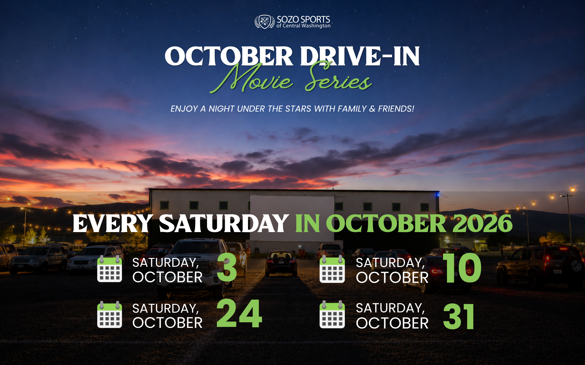 October drive-in movie series poster with sunset sky and dates: Saturdays Oct. 3, 10, 24, and 31, 2026