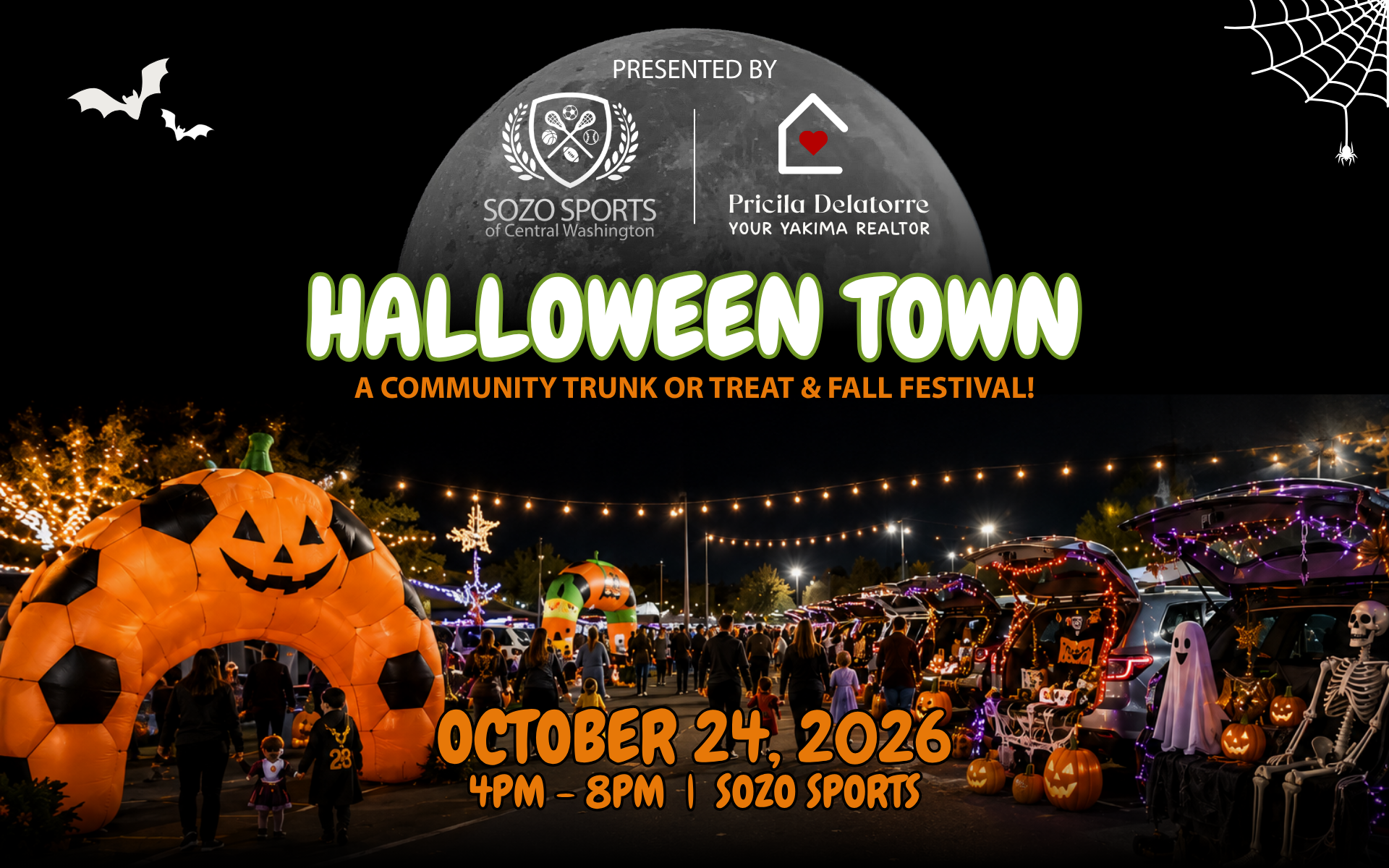 Halloween Town community trunk-or-treat and fall festival poster with pumpkins, lights, and Halloween decor