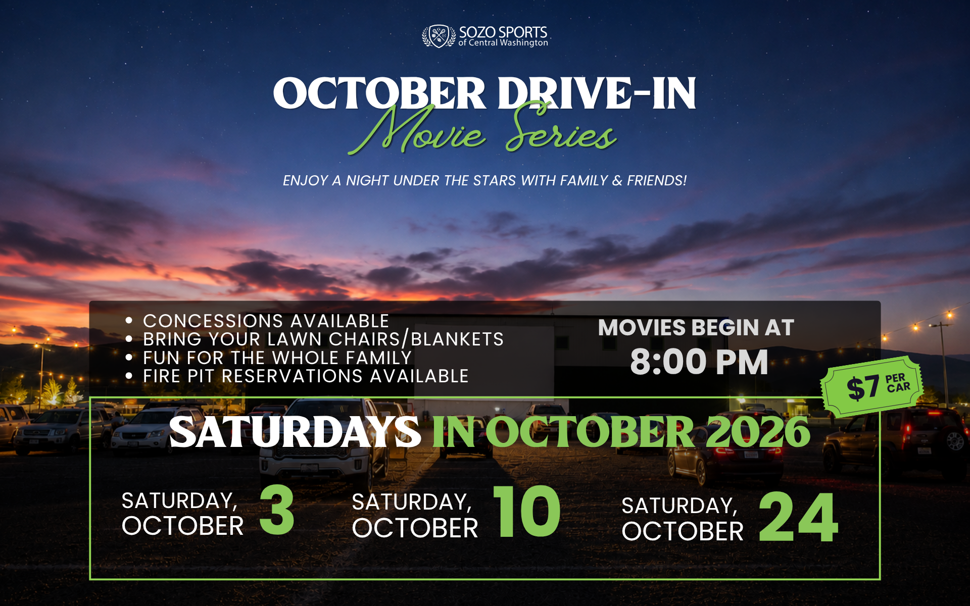October Drive-In movie series poster with Saturdays in October 2026 and 8 PM showtime.