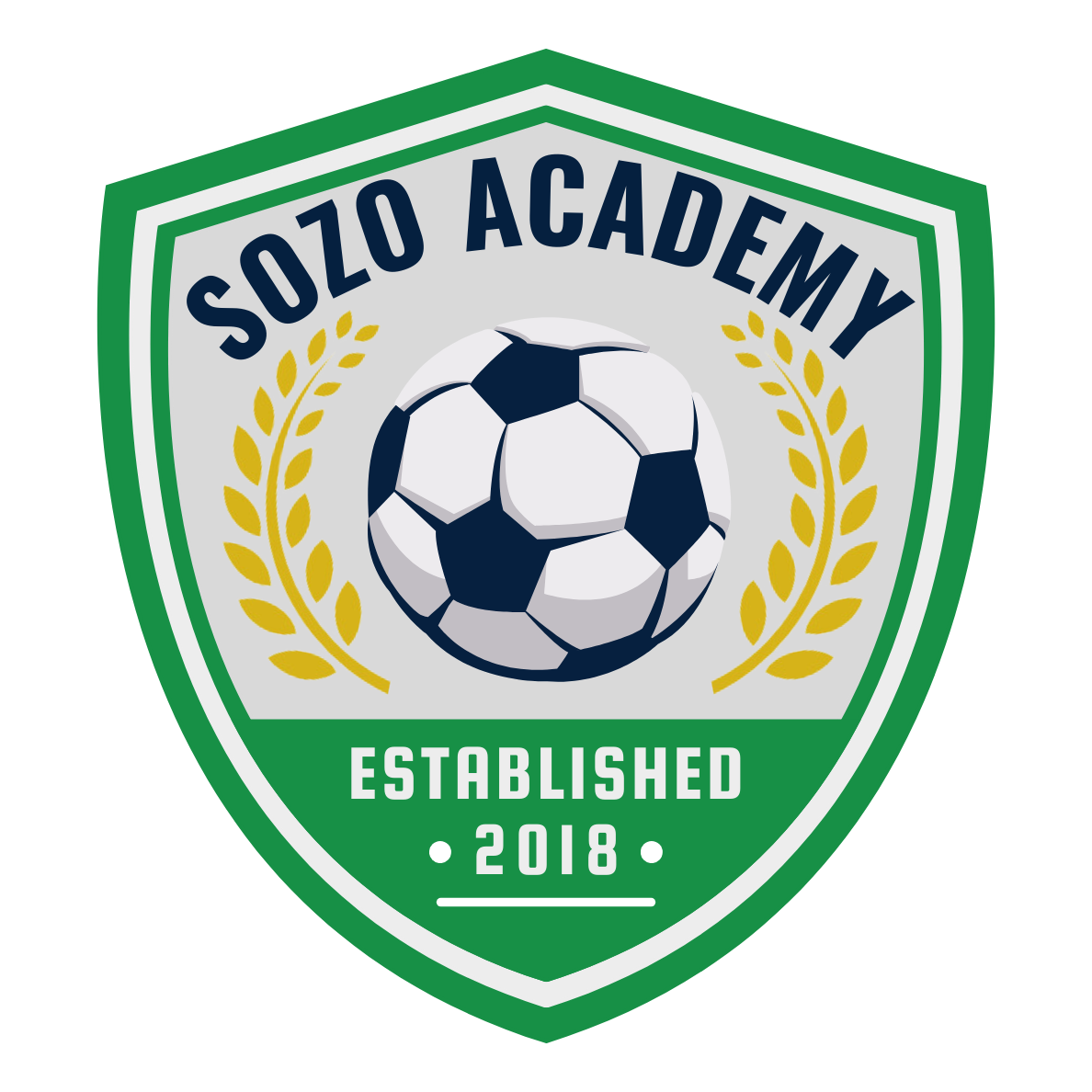 Sozo Academy soccer crest in green, white, and gold with a soccer ball and “Established 2018”