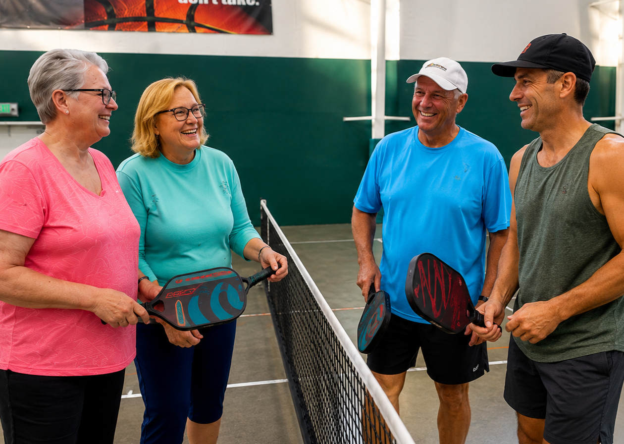 Four adults holding pickleball paddles chat at an indoor court near the net.