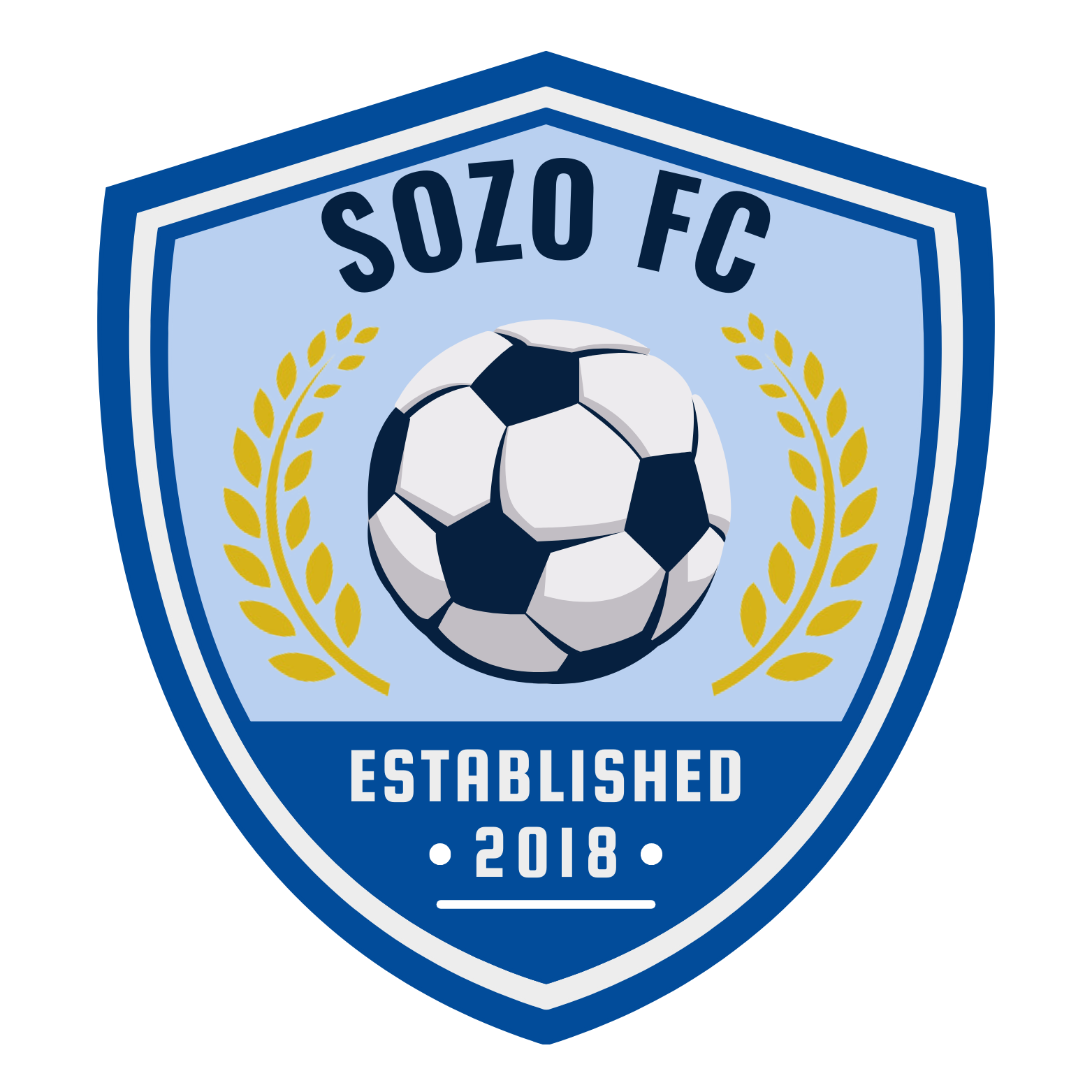SOZO FC blue shield logo with soccer ball, gold laurel branches, and “Established 2018” text
