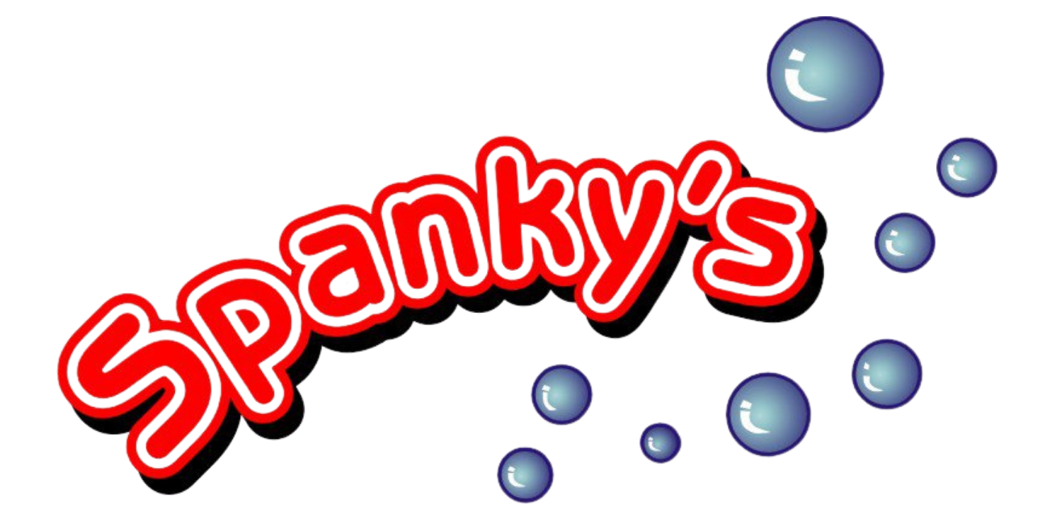 “Spanky’s” logo in red outlined letters with blue bubbles on a white background