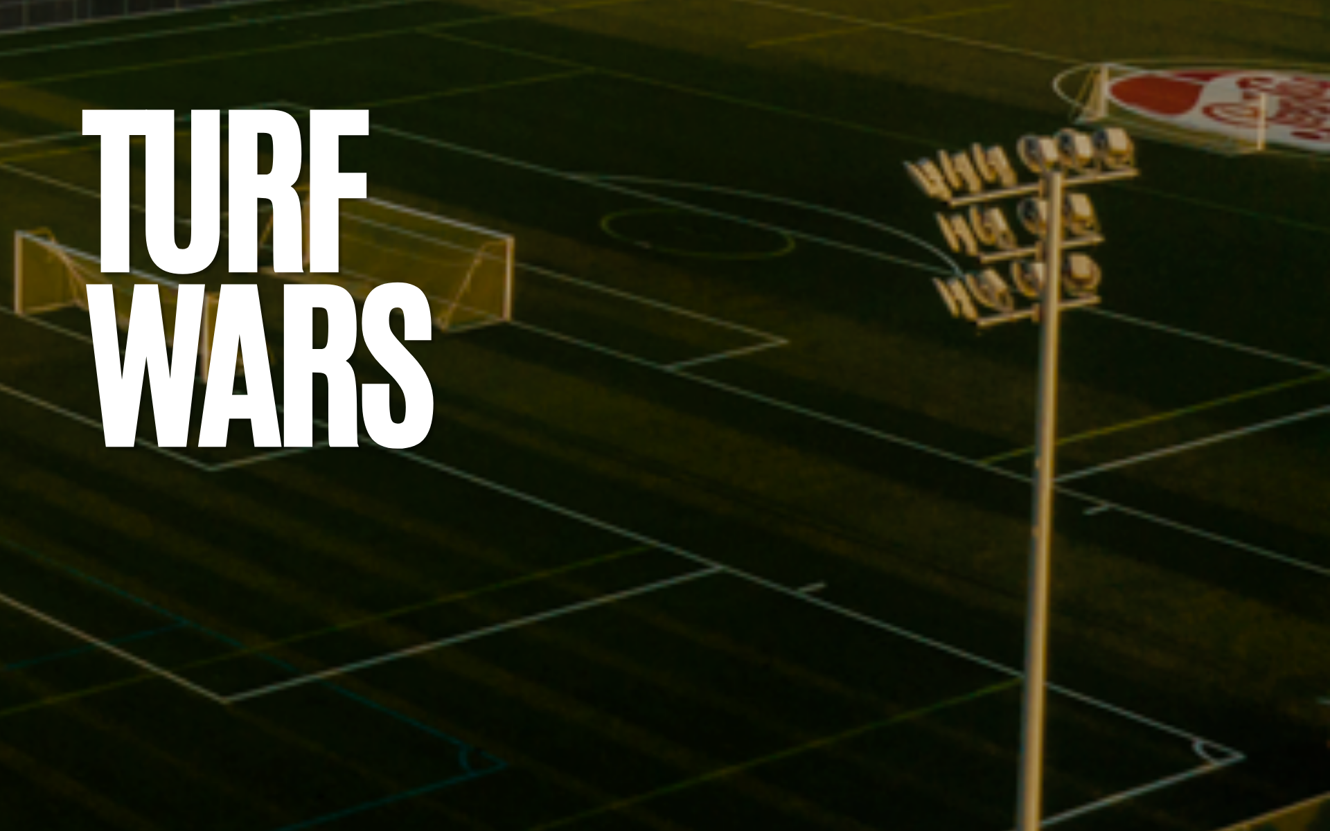 “Turf Wars” title over a lit nighttime sports field with stadium lights and field lines