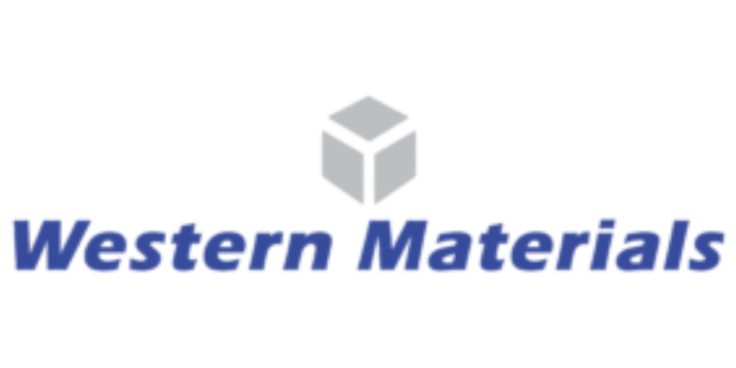 Western Materials logo with gray cube icon and blue italic text on white background
