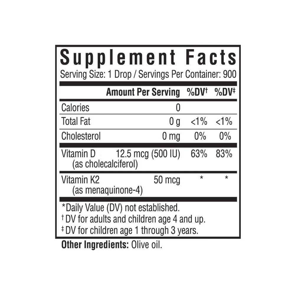 Vitamin D3 + K2 Drops (Optimal)- 900 servings- 1 floz / 30 ml