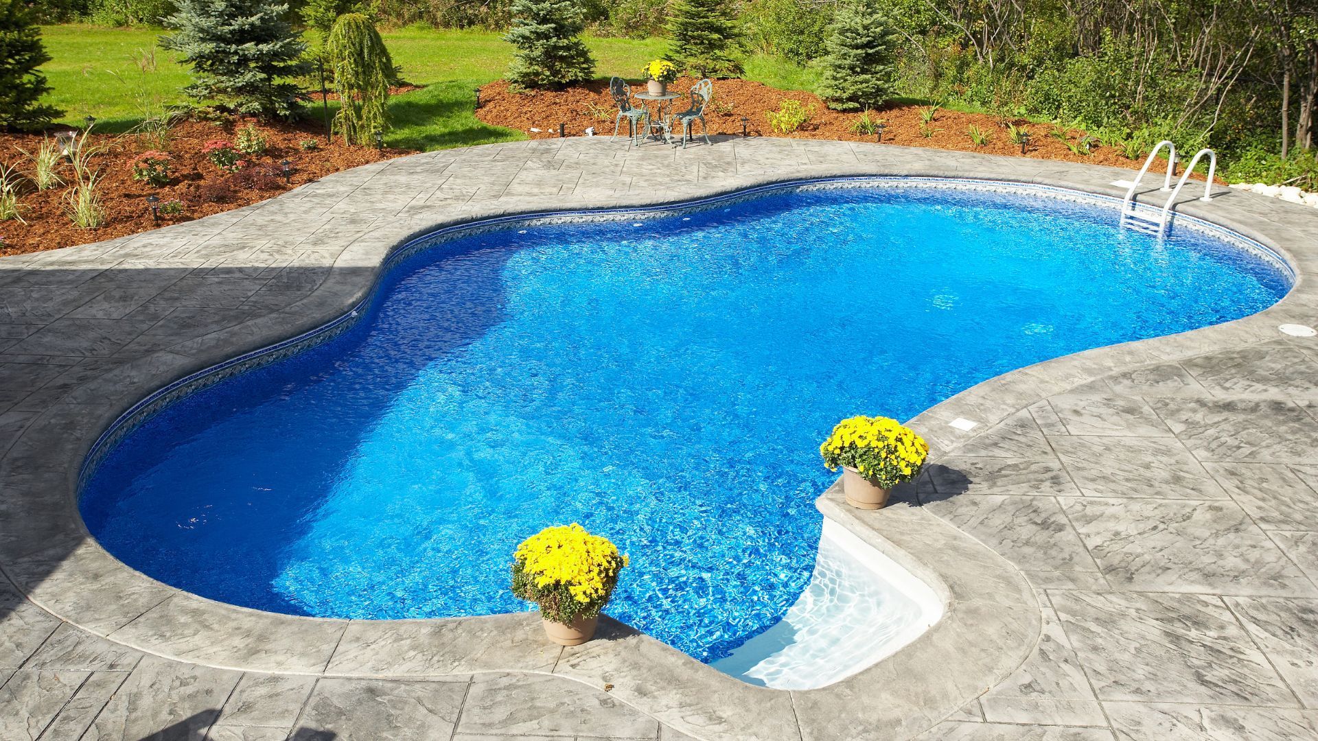 Backyard swimming pool with bright blue water, stone deck, and flower pots