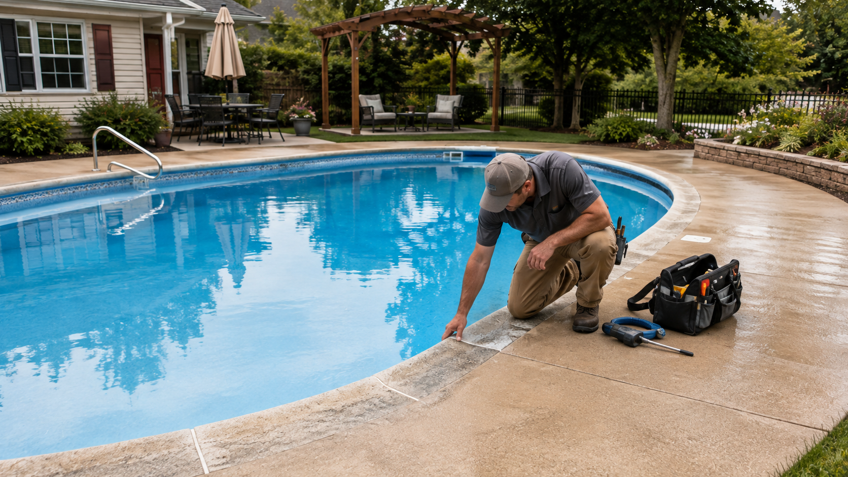 Pool technician inspecting a fiberglass swimming pool during a renovation project in Springfield Illinois