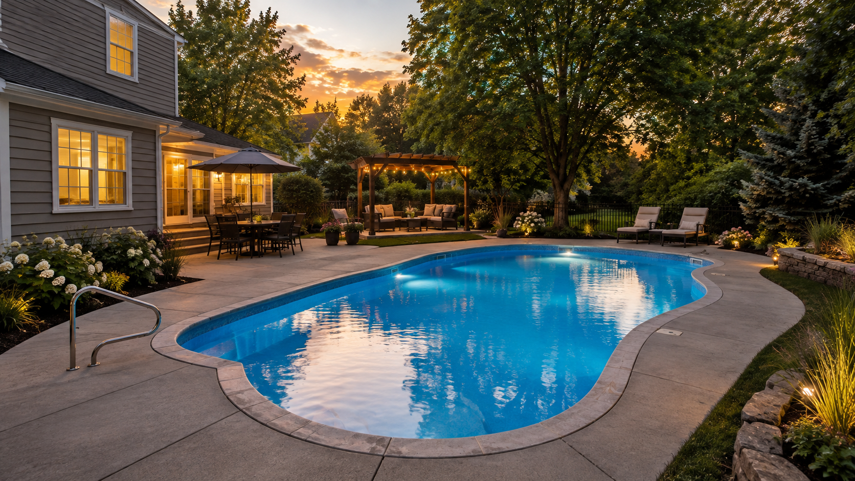 Finished pool renovation with updated fiberglass pool, landscaping, and outdoor seating in a Springfield Illinois backyard