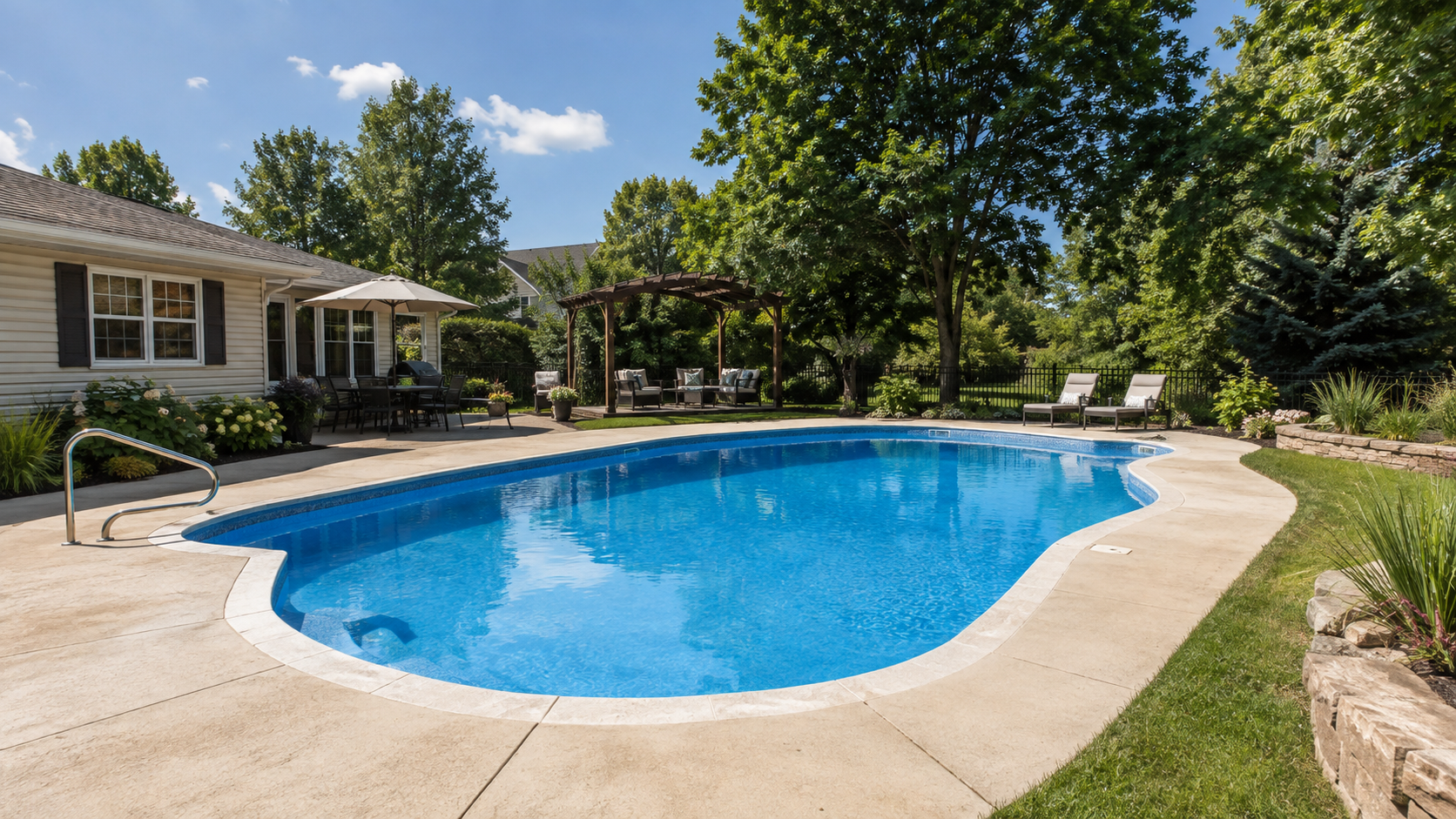 Renovated fiberglass swimming pool in a Springfield Illinois residential backyard with updated pool 