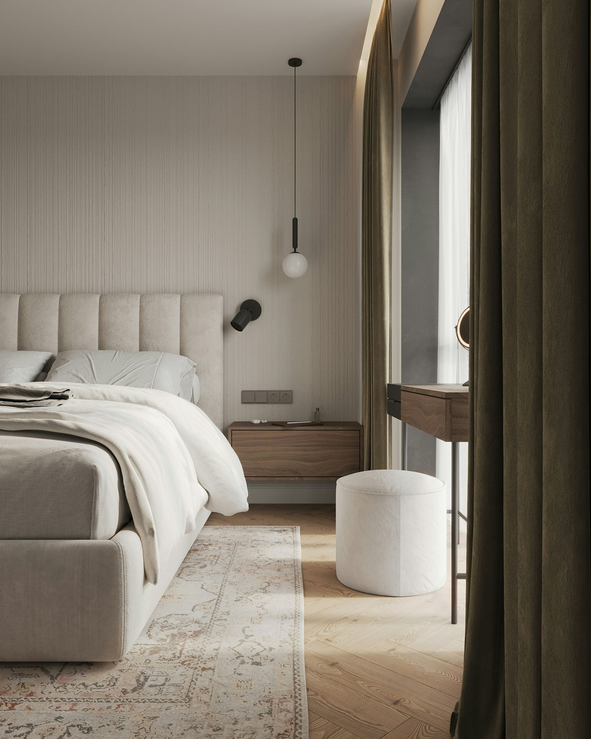 Cozy neutral bedroom: bed, wooden nightstand, rug, small ottoman, and window with curtains.