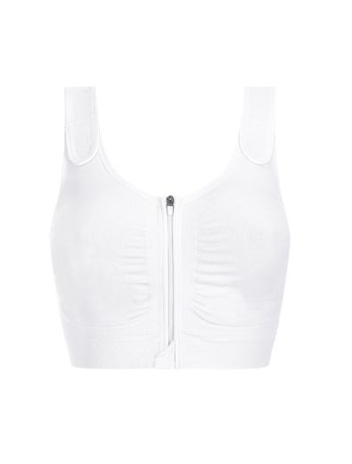 White compression bra with a front zipper and wide straps.