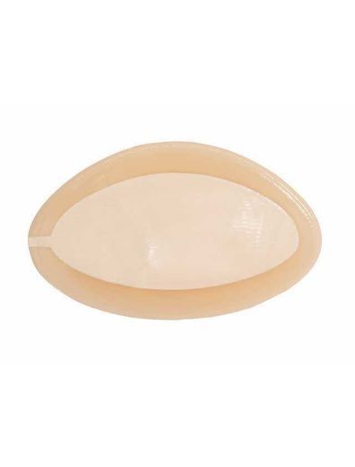 Oval-shaped, skin-toned stoma cover with a cream-colored center and a tan outer rim.