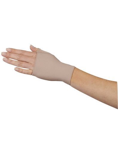 Hand wearing a beige wrist support, arm extended.