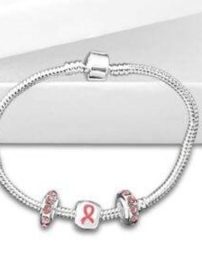 Silver charm bracelet with pink ribbon charms.
