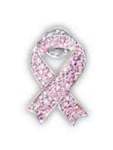 Pink ribbon pin, symbol of breast cancer awareness.