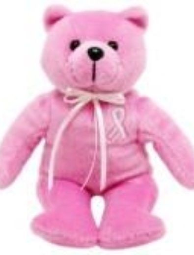 Pink teddy bear wearing a pink ribbon, promoting breast cancer awareness.