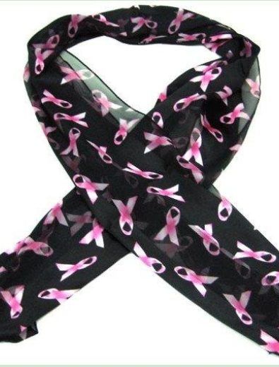 Black scarf with pink ribbon pattern, likely for breast cancer awareness.