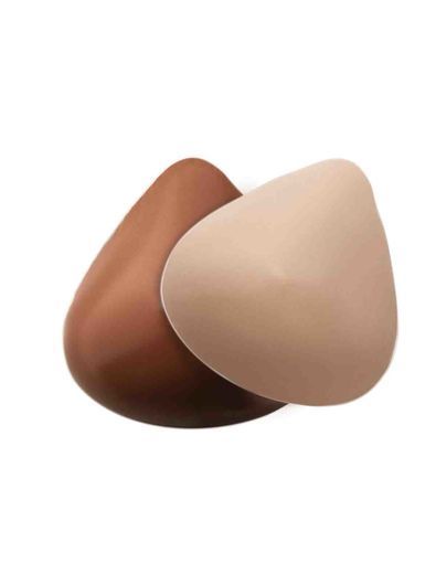 Two teardrop-shaped breast prostheses, one brown, the other beige, against a white background.