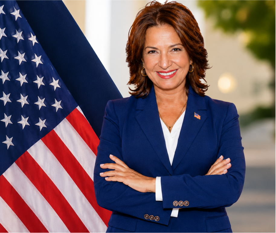 Smiling woman in black suit and white blouse in front of a U.S. flag backdrop