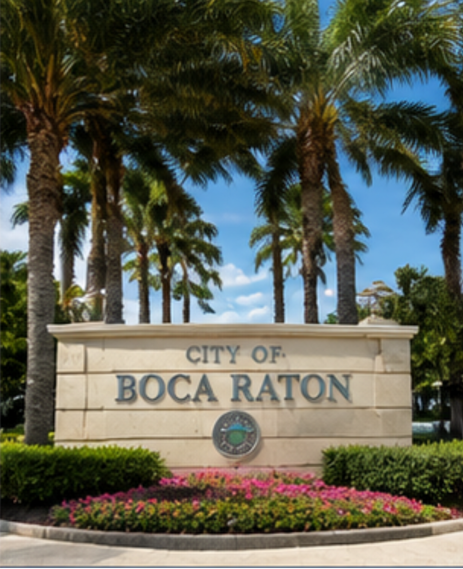 City of Boca Raton entrance sign with palm trees and flowers under a blue sky