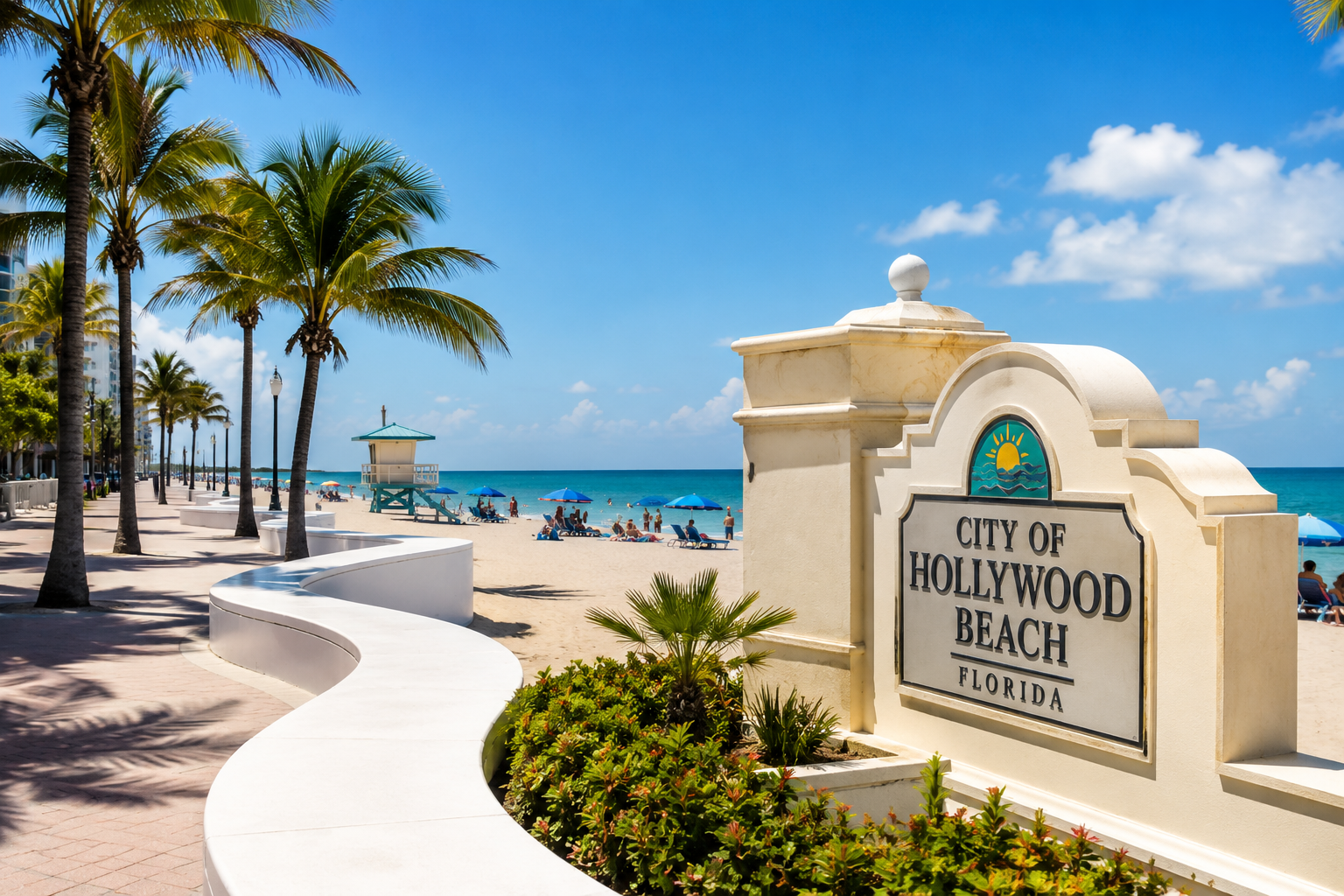 Downtown Hollywood, Florida street with palm trees, storefronts, umbrellas, and a green sign