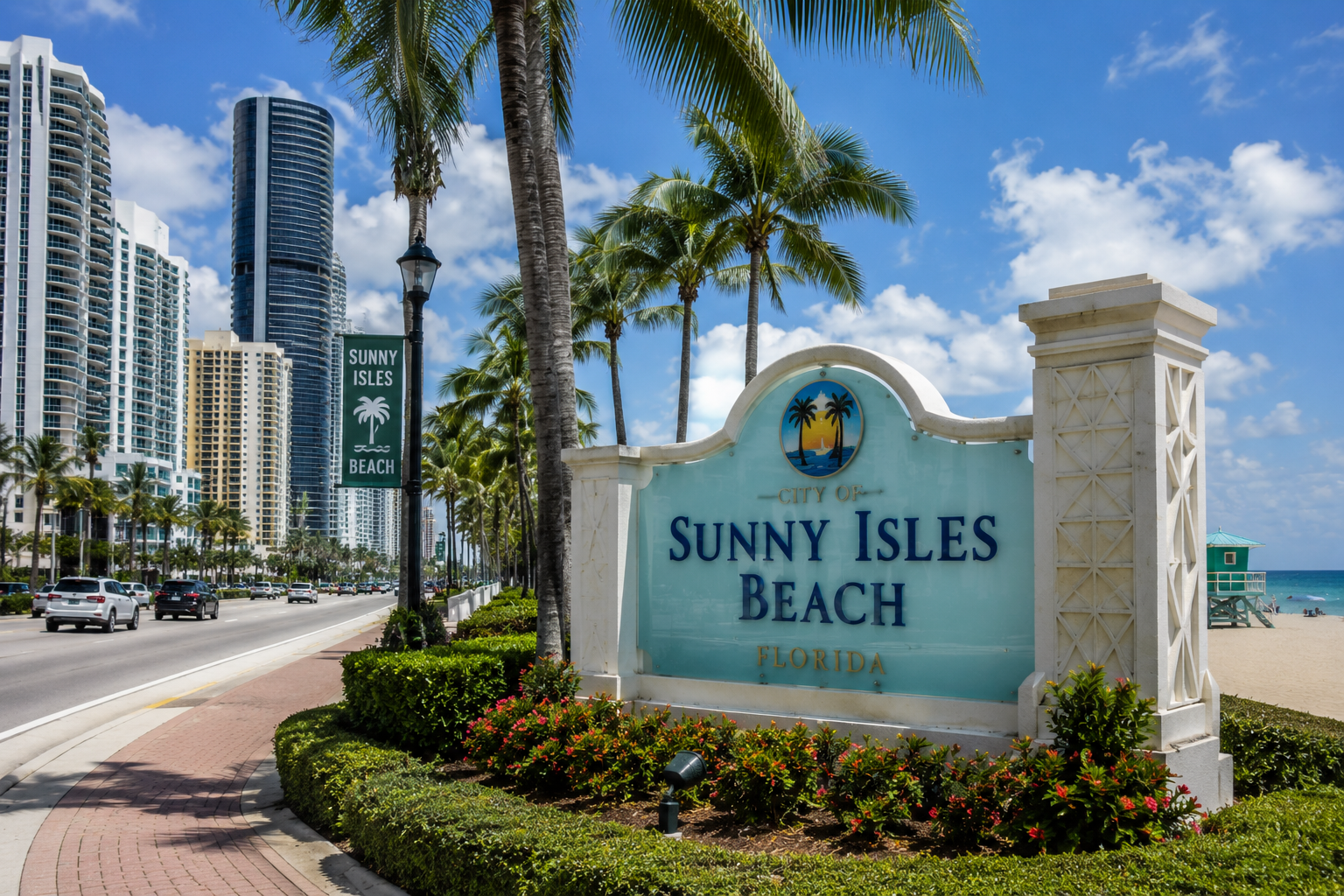 High-rise beachfront condos beside a sandy beach with blue ocean and umbrellas