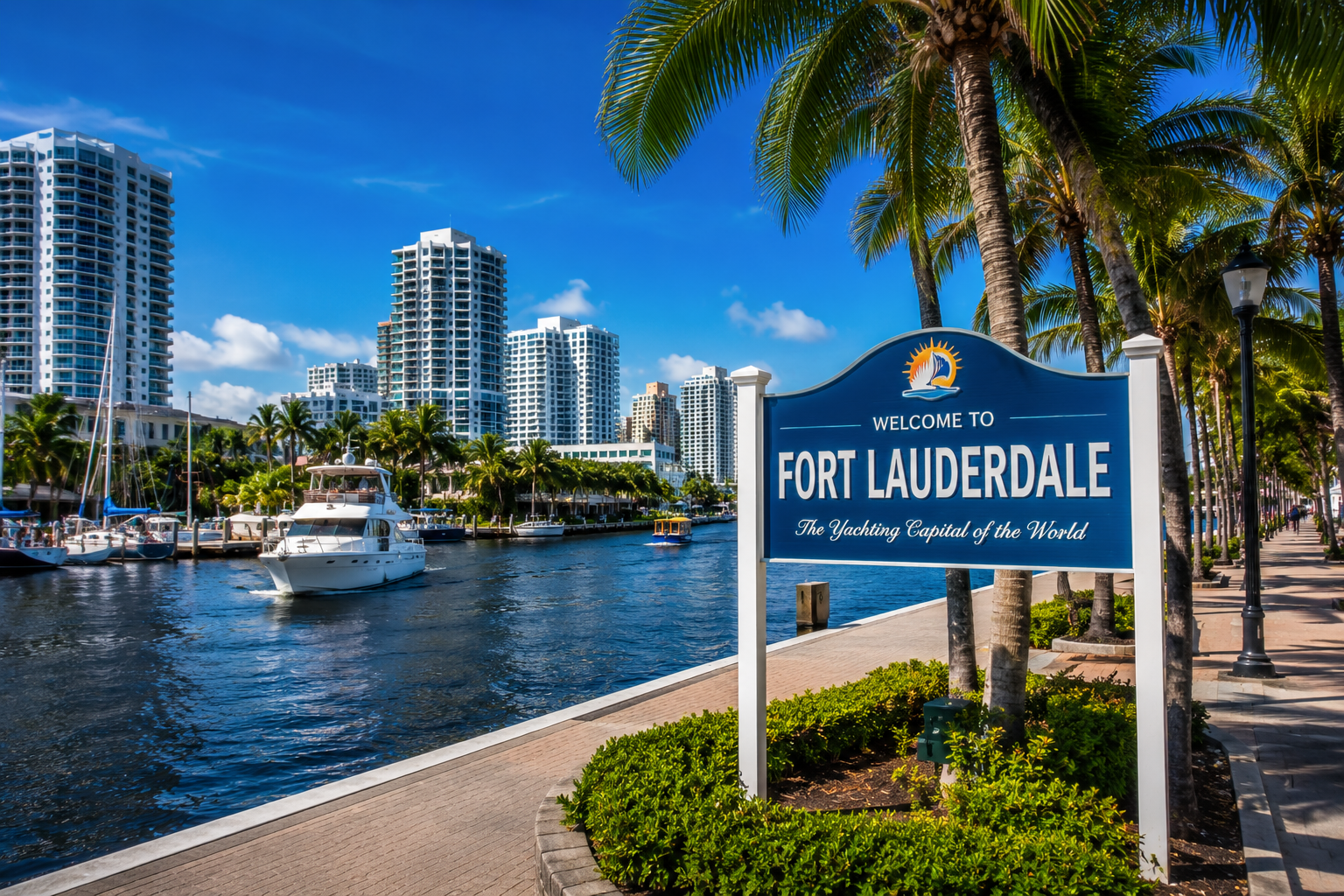 Palm-lined waterfront with high-rise condos, blue water, and a white boat under a bright sky.
