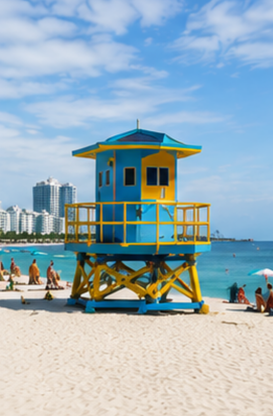 Yellow lifeguard tower on a sunny beach with turquoise water and city buildings in the background
