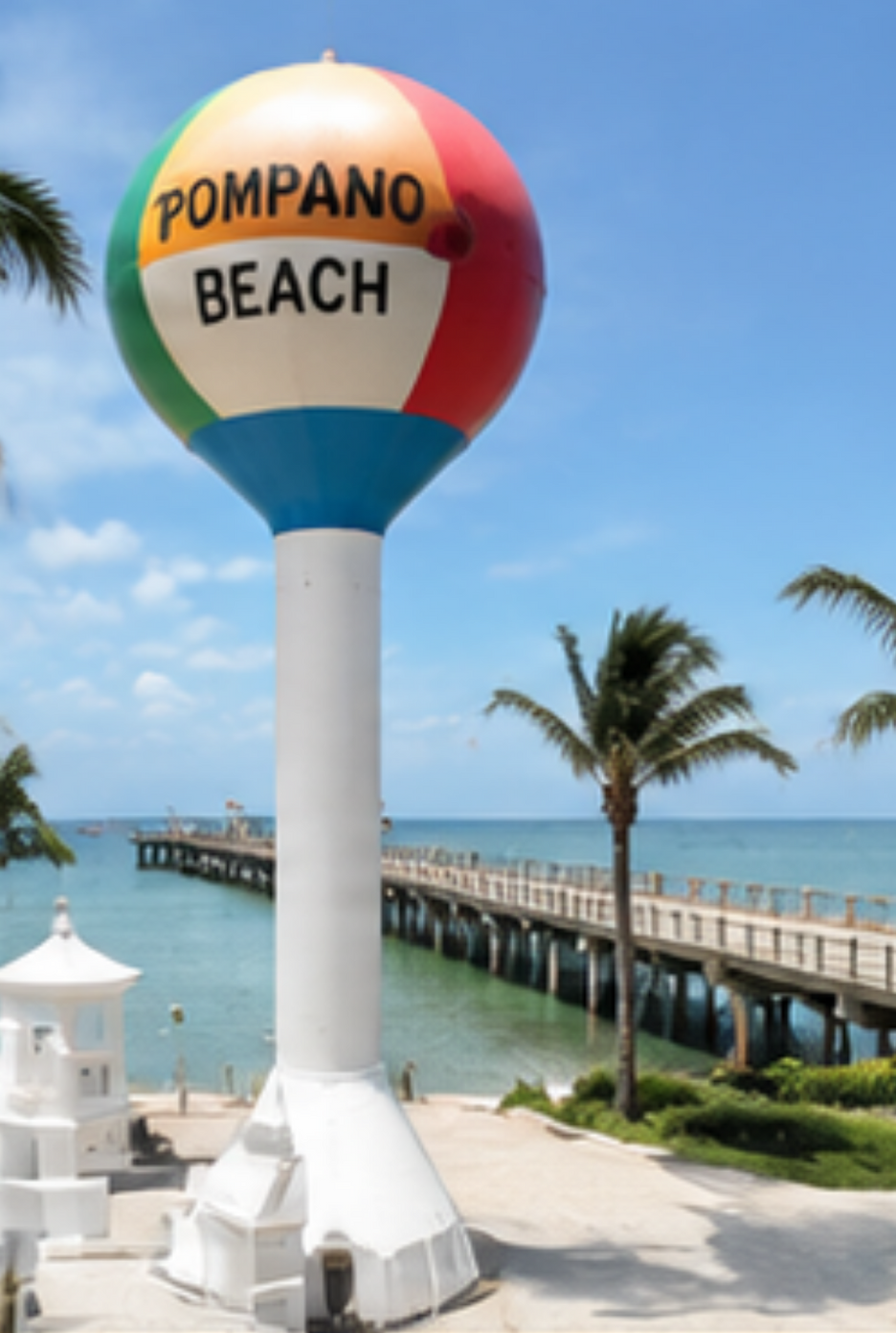 Pompano Beach water tower by a pier and palm trees on a sunny beach