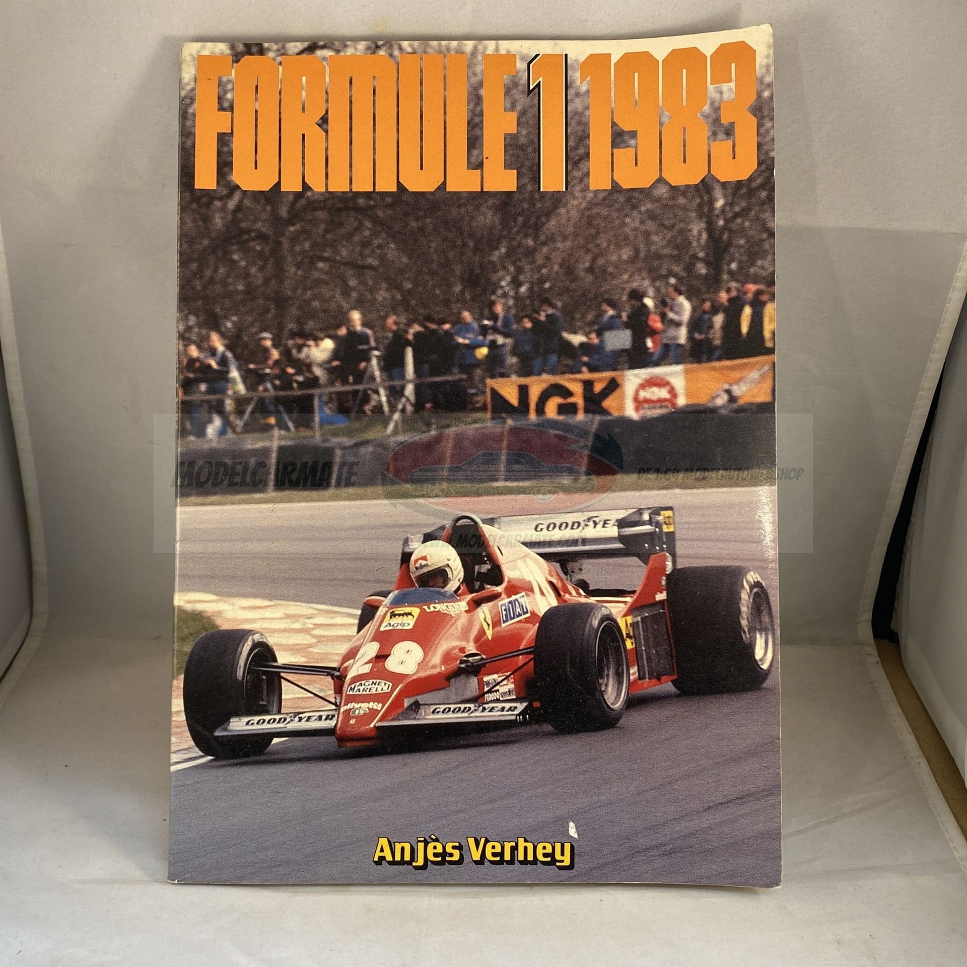 Boekcover: "Formule 1 1983" met een rode raceauto op een circuit, mensen op de achtergrond en de tekst "Anjes Verhey."
